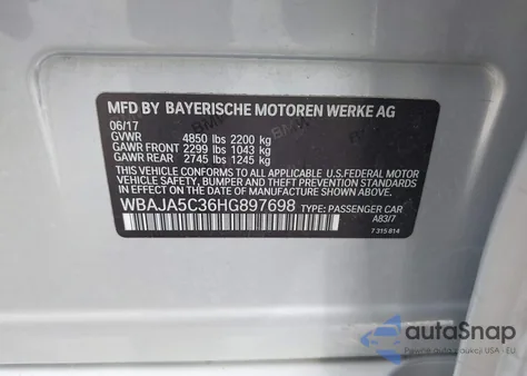 2017 BMW 530 z USA, uszkodzony, nr VIN WBAJA5C36HG897698